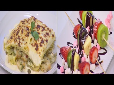 بالفيديو طريقة عمل لازانيا سي فود و ستيكس الفواكه بصوص الشكولاتة