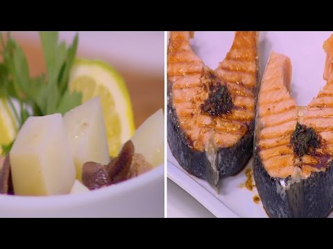 طريقة عمل سلمون ستيك بصوص الجنزبيل  سلطة بطاطس بالتونة