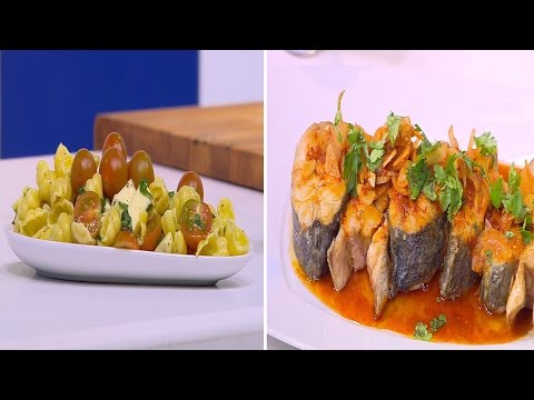 سمك لوت بصوص الثوم  سلطة مكرونة بالطماطم و الريحان