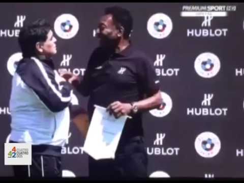 شاهد عناق تاريخي بين الأسطورتين بيليه ومارادونا