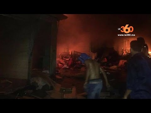 بالفيديو حريق كبير يأتي على سوق ” كصابراطا في مدينة طنجة شمال المغرب