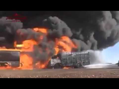 فيديو الطيران الروسي يقصف قافلة ﺷﺎﺣﻨﺎﺕ ﻧﻔﻂ